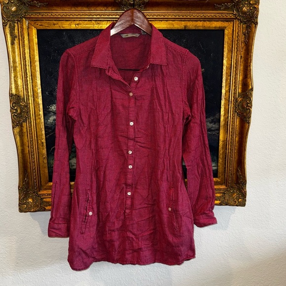 Horny Toad Red & White Button Front Long Sleeve Tunic Top Size Small Used - Picture 1 of 6